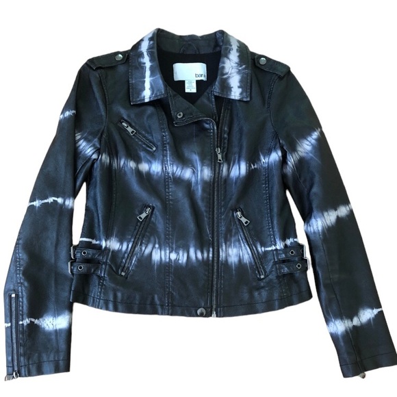 Bar III Faux Leather Jacket Black & Gray Tie-Dye Pattern Zipped Pockets Size S - Picture 1 of 11